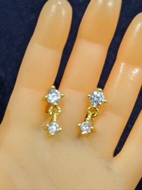 Gold Tone Double Crystal Drop Stud Earrings Stamped
